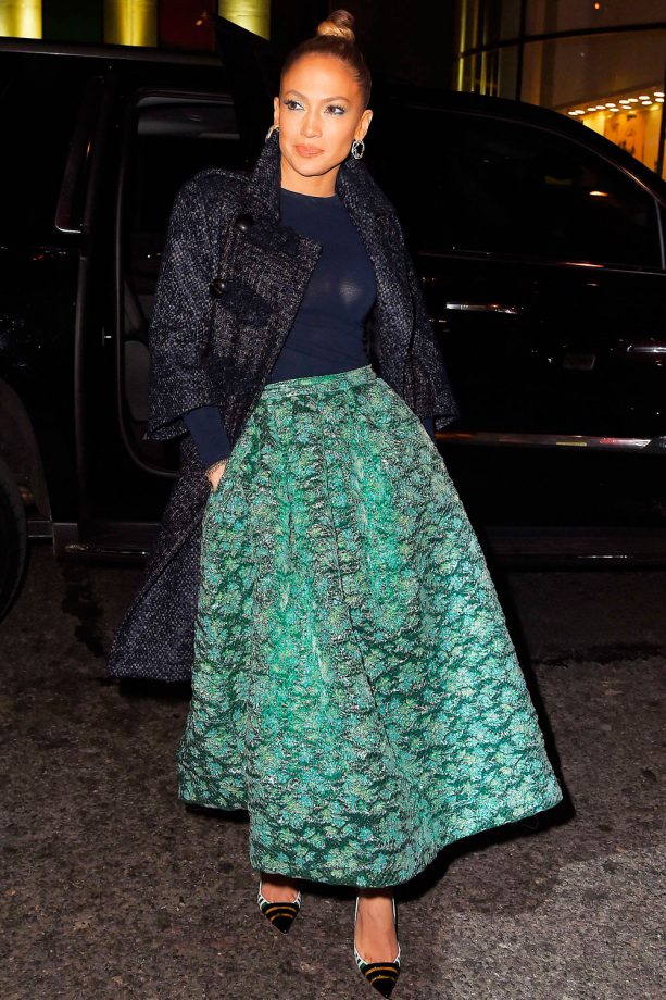 Jennifer Lopez Is On Trend With This Textured Midi Skirt Out And About In New York, 2015