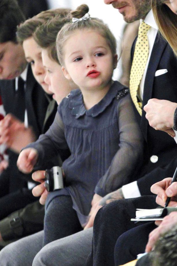 Harper Beckham Wearing A Sheer Sleeve Collar Dress Front Row At New York Fashion Week, 2014
