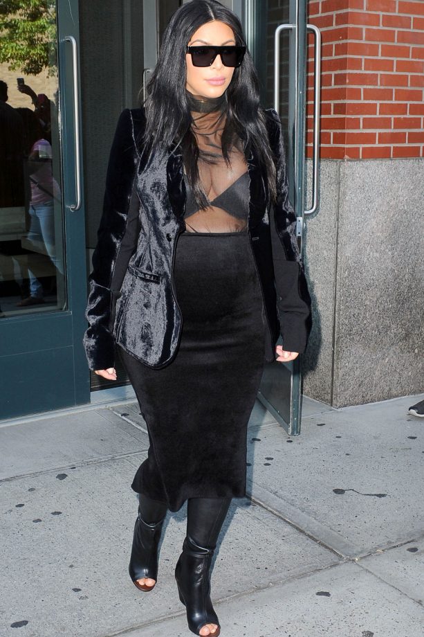 Kim Kardashian Rocks The Gothic Vibe In Velvet And Mesh In New York, 2015