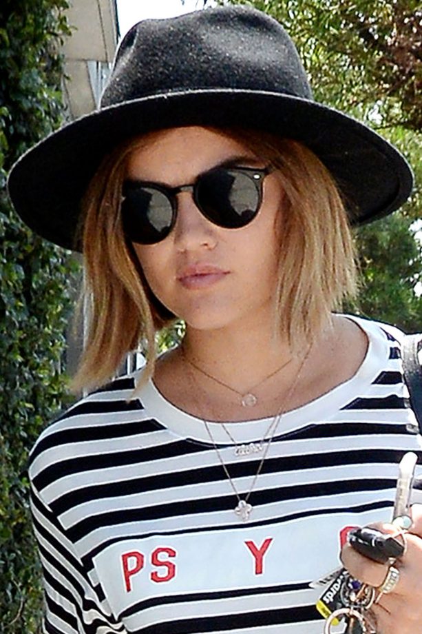 Lucy Hale Pairs Her Blonde Bob With A Chic Hat In LA, 2015