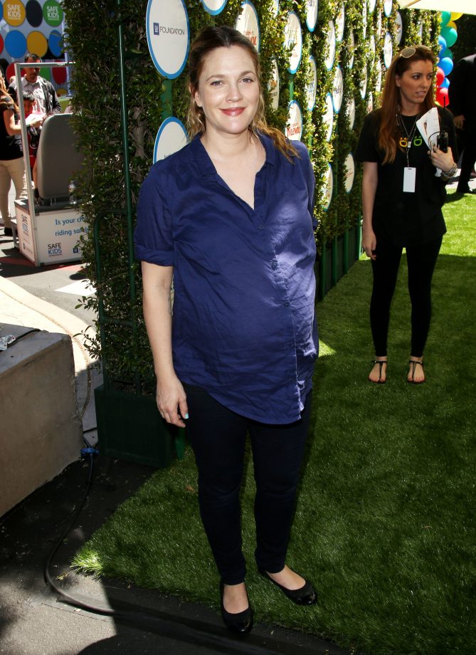 Drew Barrymore Covers Up In A Cool Blue Boyfriend Shirt At Safe Kids Day In LA, 2014
