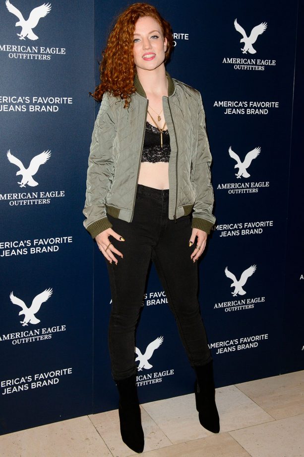 Jess Glynne Wears A Green Quilted Bomber Jacket To American Eagles Outfitters Launch In London, 2014