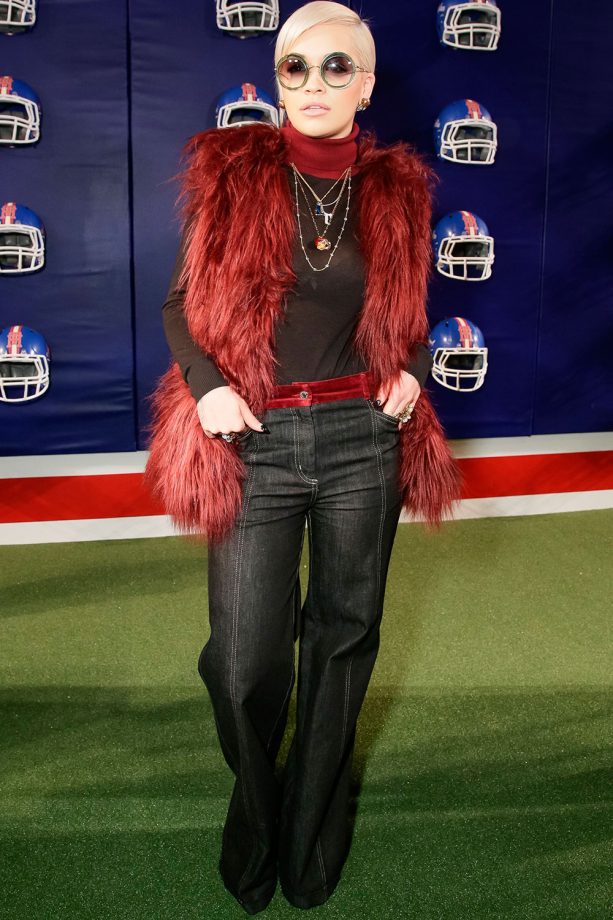 Rita Ora Rocks Denim Flares And A Faux Fur Gilet During New York Fashion Week, 2015