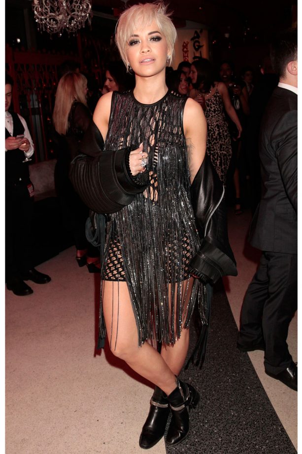 Rita Ora Goes For A More Edgy Look In A Mesh Fringed Mini Dress At The Brit Awards After Party, 2015