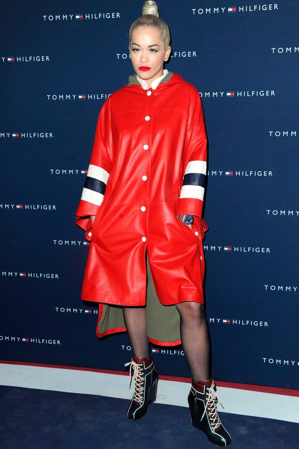 Rita Ora In A Tommy Hilfiger Leather Coat At Their Store Opening In Paris, 2015