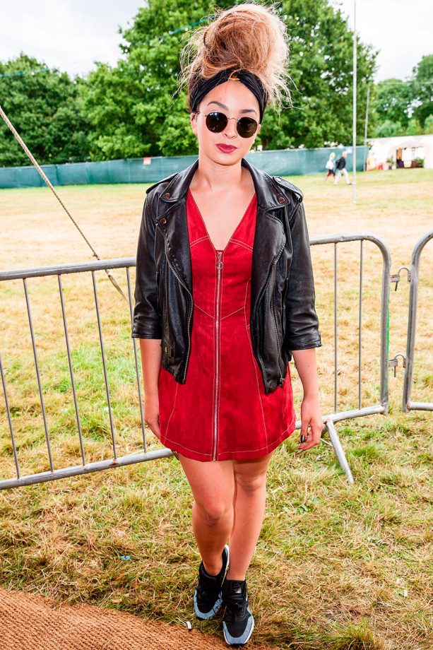 Ella Eyre Goes For A Laid Back Look In A Red Dress And Leather Jacket At V Festival In Essex, 2015