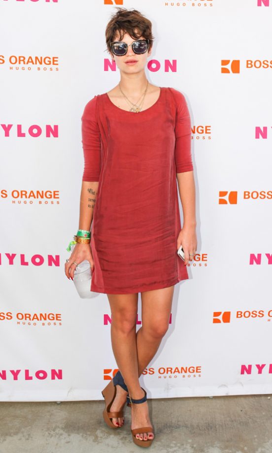 Pixie Geldof Goes Glam In Oversized Shades And Colour Block Wedges For A Hugo Boss And Nylon Bash At Coachella, 2013