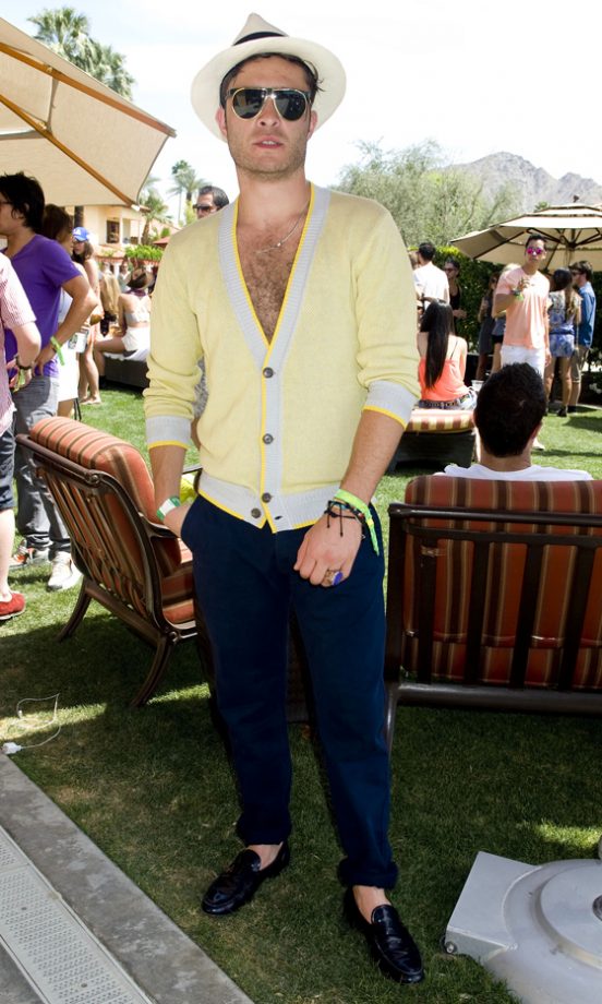 Ed Westwick Bares His Chest Wig (Brave Move) In A V-Neck Cardi At Coachella, 2013