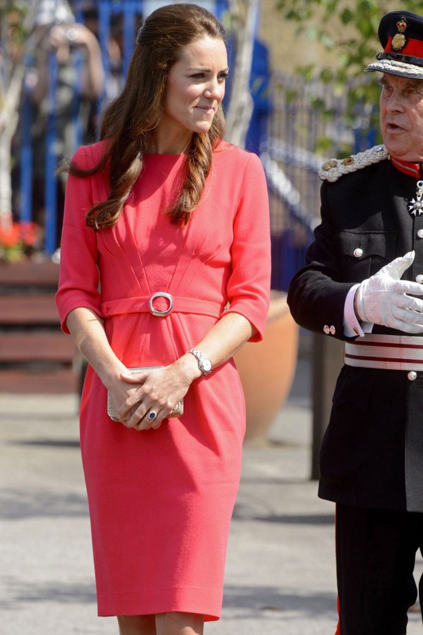 Kate Middleton Wears A Pink Dress From Goat For Her Visit To The Blessed Sacrament School, 2014