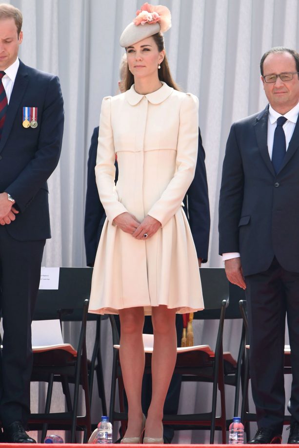 Kate Middleton Wears A Pale Pink Alexander McQueen Coat And Jane Taylor Hat For The First World War Centenary In Belgium, 2014