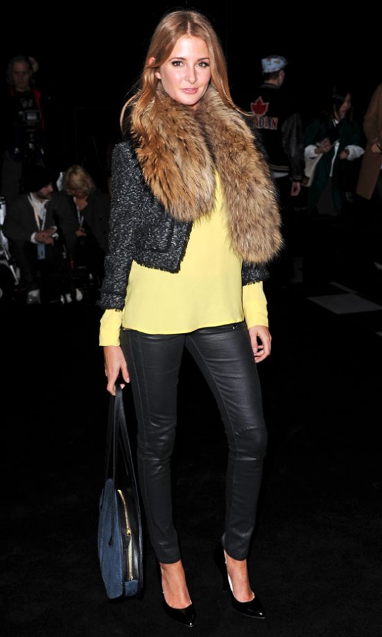 Millie Mackintosh Is Foxy In A Furry Cropped Jacket, Leather Jeans And A Lemon Top At Sass & Bide's AW13 Show During London Fashion Week, 2013