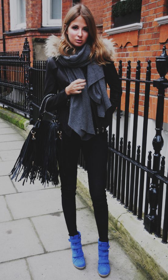 Millie Mackintosh Adds A Pop Of Colour With Electric Blue Love Label Hi-Top Wedged Trainers, 2013