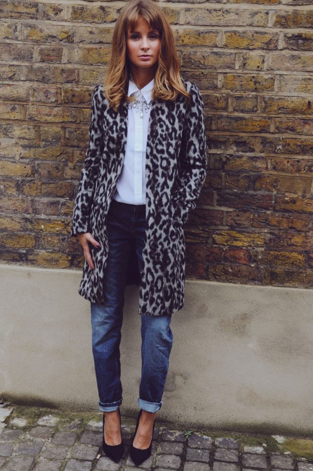 Millie Mackintosh Teams A French Connection Leopard Coat With A White Shirt, 2013
