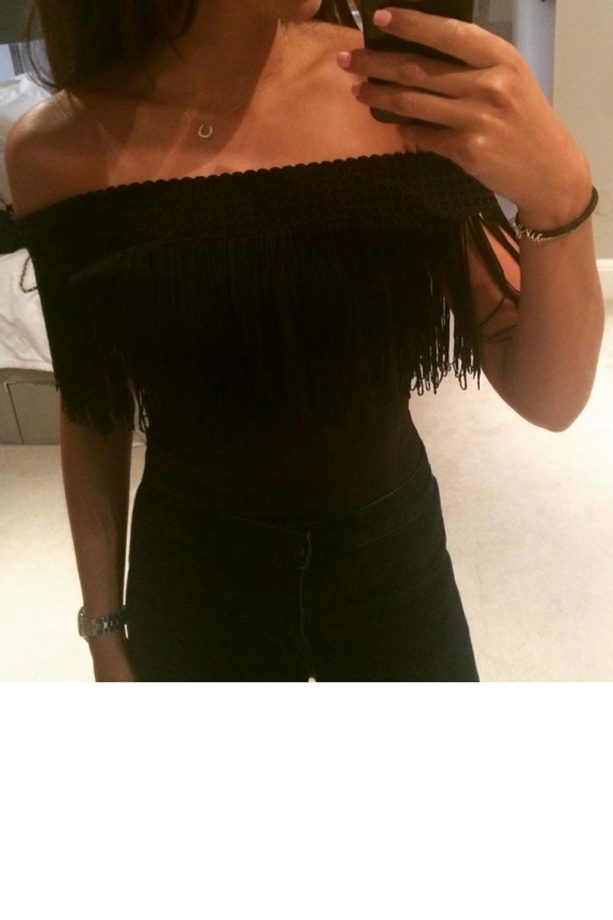 Michelle Keegan Sports The Black Fringed Bardot Top From Her Lipsy Collection, 2015