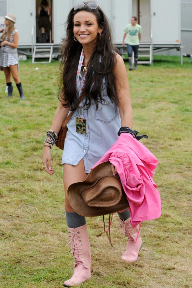 Michelle Keegan Has A Girlie Festival Look With Pink Wellies And Jacket At V Festival, 2012
