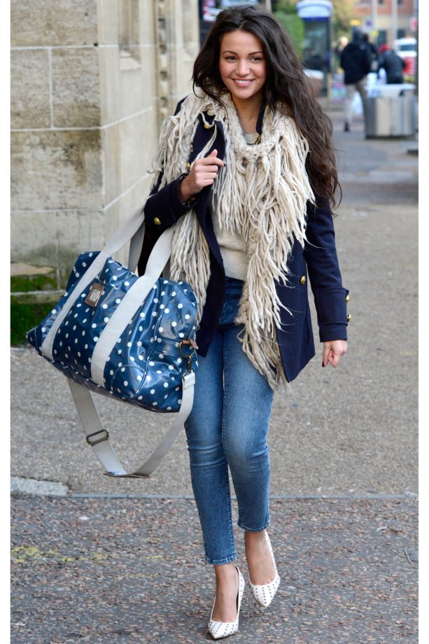 Michelle Keegan Looks Relxaed With This Off Duty Style In A Navy Blazer And Textured Wolly Scarf Out And About In London, 2012