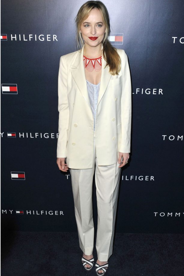 Dakota Johnson Works A White Suit At A Tommy Hilfiger Event, 2013