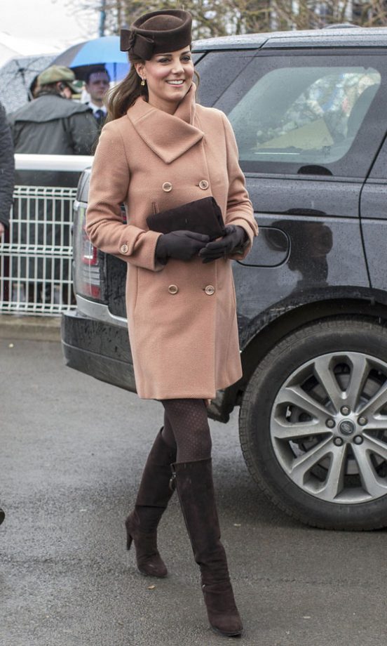 Kate Middleton, Duchess Of Cambridge, In A Pink Coat And Stuart Weitzman Boots For The Cheltenham Festival, 2013