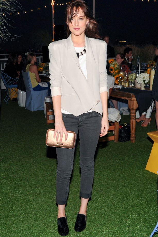 Dakota Johnson Works A Statement Jacket At The Rebecca Minkoff Denim Launch Dinner, 2014