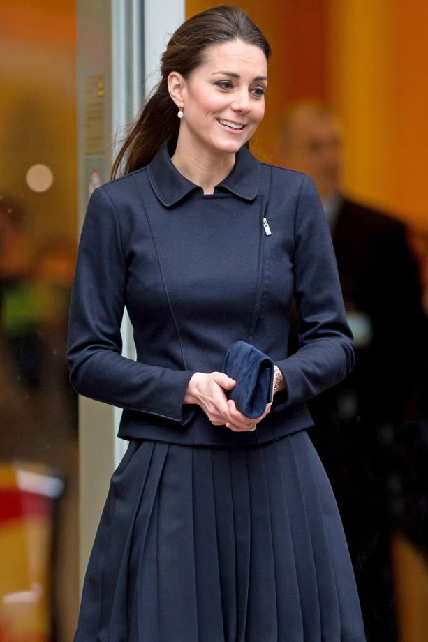 Kate Middleton Rocking A Navy Orla Kiely Skirt And Max Mara Jacket When Visiting The Charity Place2Be, 2013