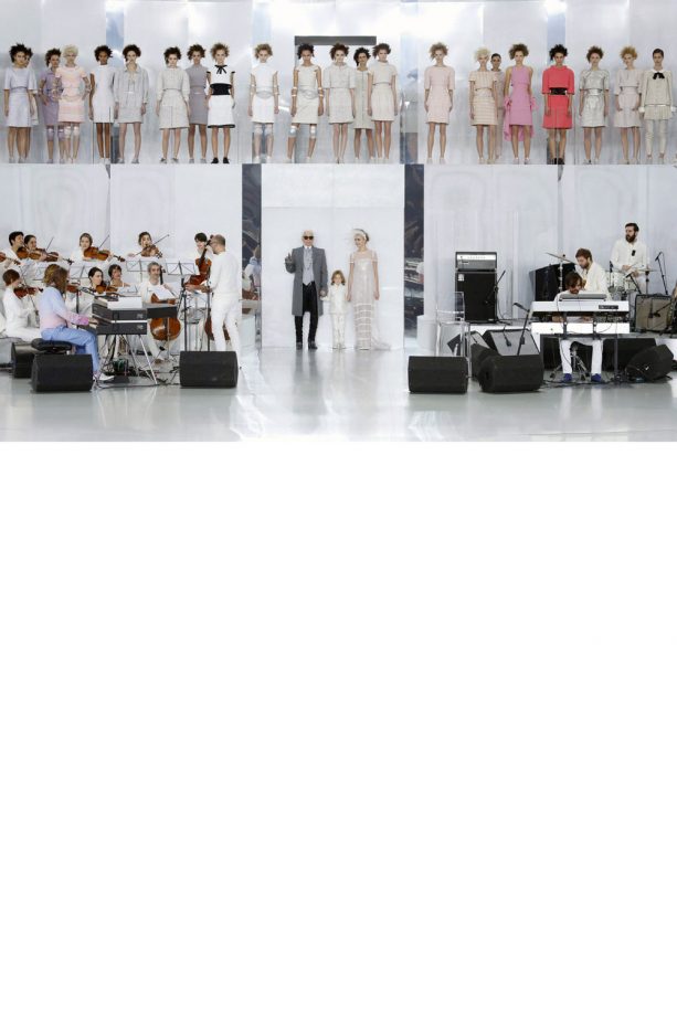 Karl Lagerfeld Walks Cara Delevingne Down The Catwalk Aisle For Chanel AW14 Haute Couture Show In Paris, 2014