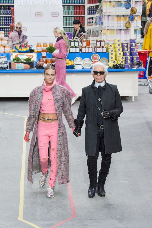 Karl Lagerfeld Walks The Runway With Cara Delevingne For The Chanel AW14 Show In Paris, 2014