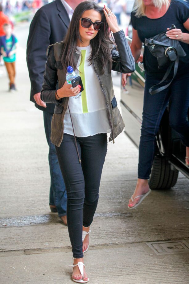 Michelle Keegan Goes Casual In A Khaki And Leather Sleeved Jacket Out And About In Manchester, 2014