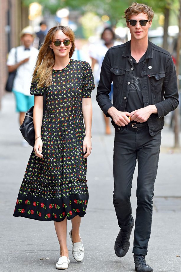Dakota Johnson Rocks A Printed Dress Out And About With Boyfriend Matthew Hitt In New York, 2014