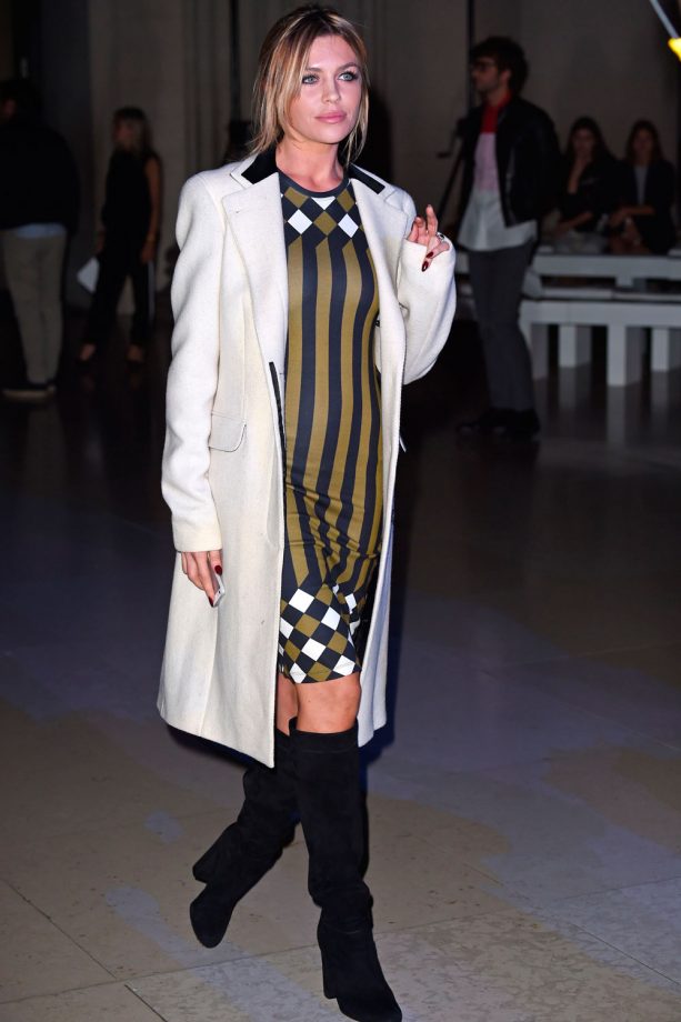 Abbey Clancy Wears A Geometric Print Dress during London Fashion Week, 2014