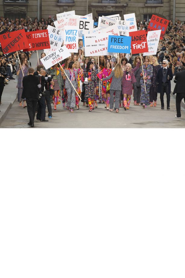 Karl Lagerfeld Marches With Cara Delevingne At The Chanel SS15 Show In Paris, 2014
