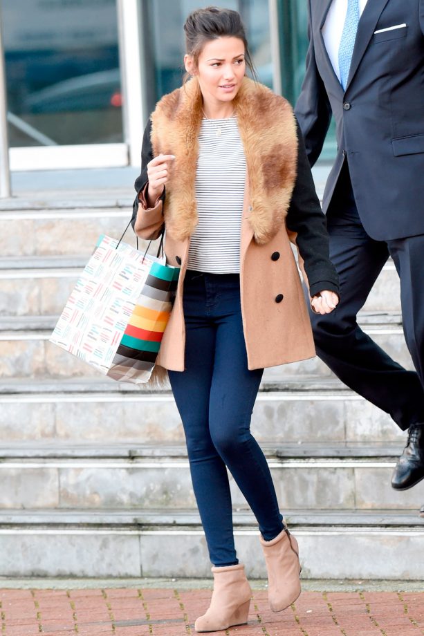 Michelle Keegan Keeps Warm In A Faux Fur Collar Coat Out And About In Manchester, 2015