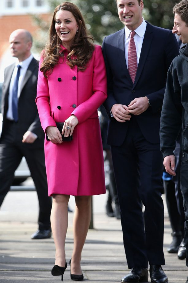 Kate Middleton In a Hot Pink Burberry Coat To Visit A Church In London, 2015