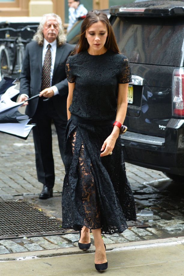 Victoria Beckham In Gothic Lace Is Out And About In New York City. 2015