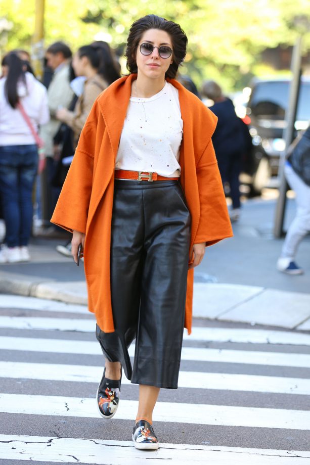 We Are Loving This Orange And Leather Combo This Street Styler Is Working