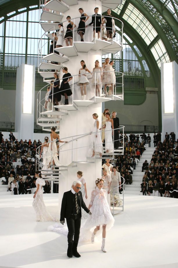 Karl Lagerfeld Walks With Lily Cole At The Chanel Haute Couture Show In Paris, 2006