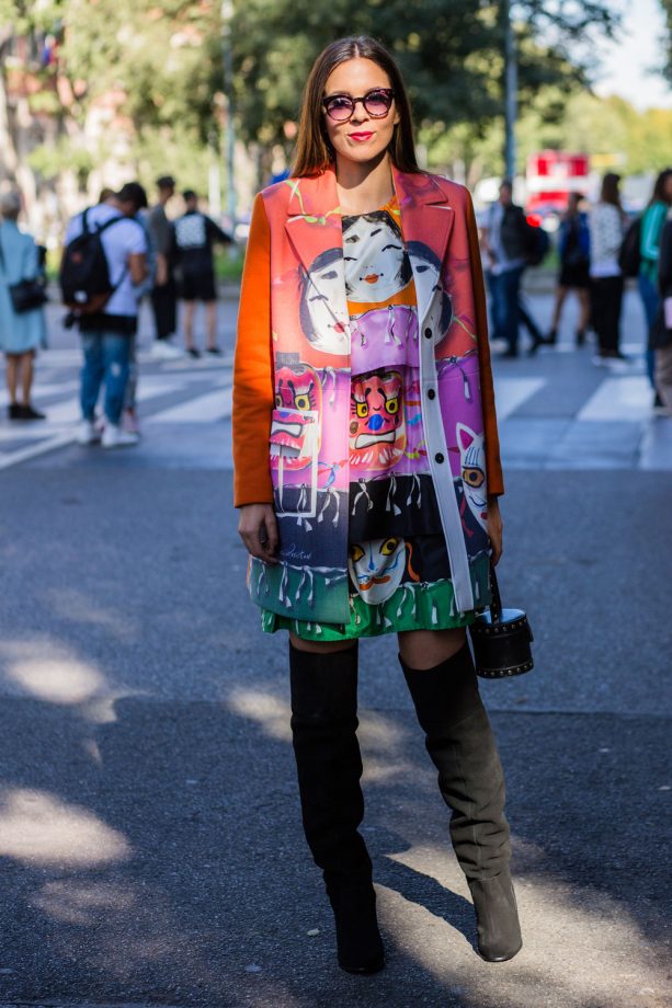 A Print Suit And Thigh Boots Makes An Unusual Yet Stylish Combo
