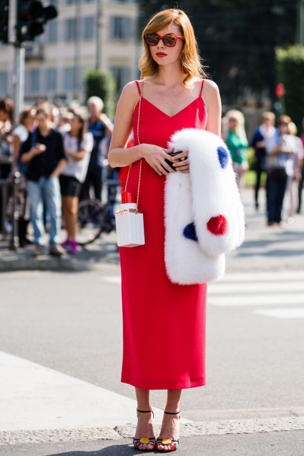 This Poster Box Red Slip Dress Is So Chic With This Polka Dot Stole
