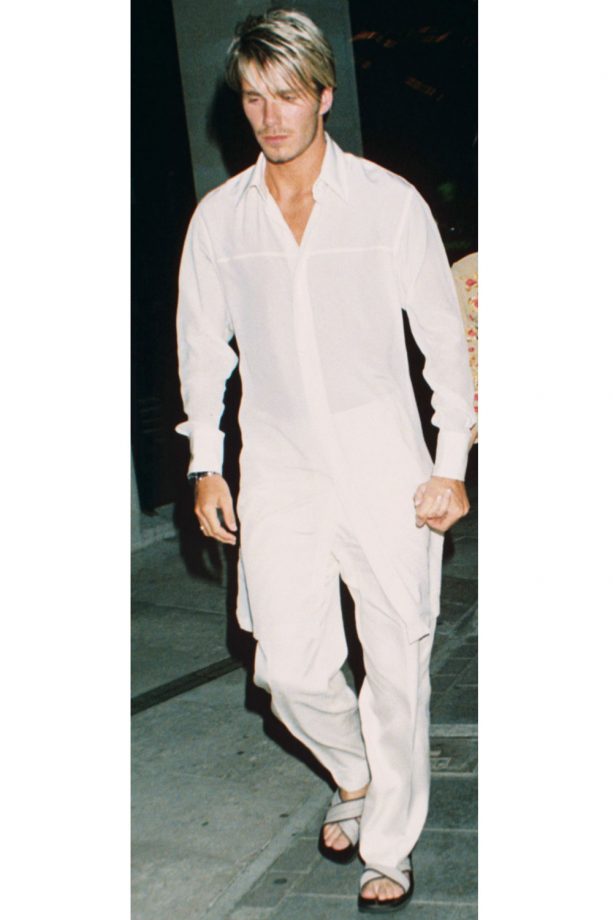 David Beckham Only Rocking The Coolest Trends In A Midi Shirt And Sliders, 1999