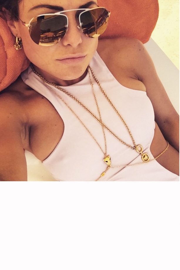 Louise Thompson Looks Ultra Glam In Body Chains And Sunnies By The Pool, 2015