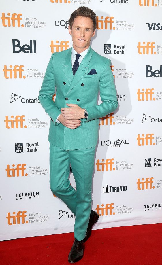 Eddie Redmayne Stands Out In This Fresh Green Burberry Suit To 'The Theory Of Everything' Film Premiere In Toronto, 2015