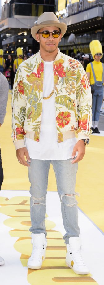 Lewis Hamilton Wears A Tropical Printed Bomber Jacket To The 'Minions' Film Premiere, 2015
