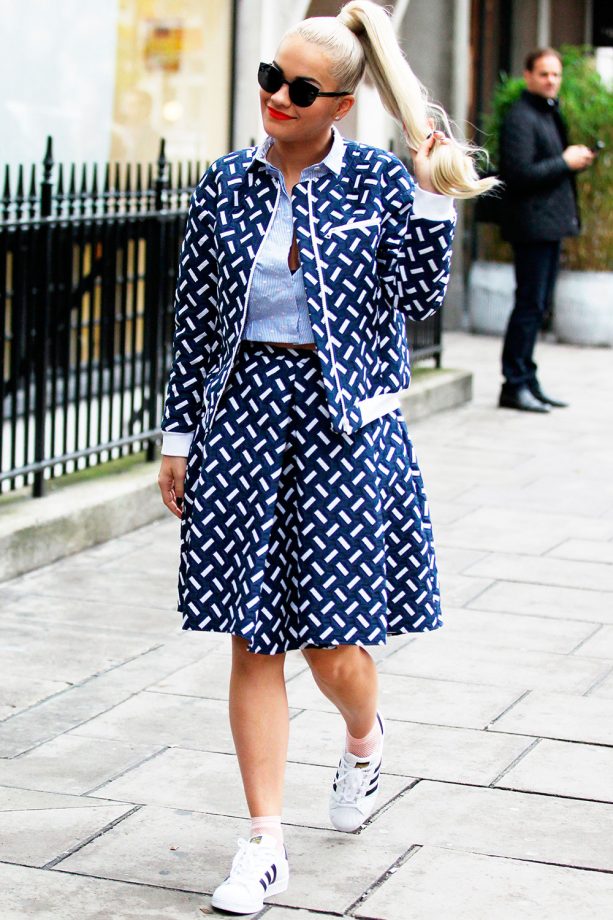 RIta Ora Looks Cute In A Matching White And Blue Patterned Skirt And Jacket Out And About In London, 2015