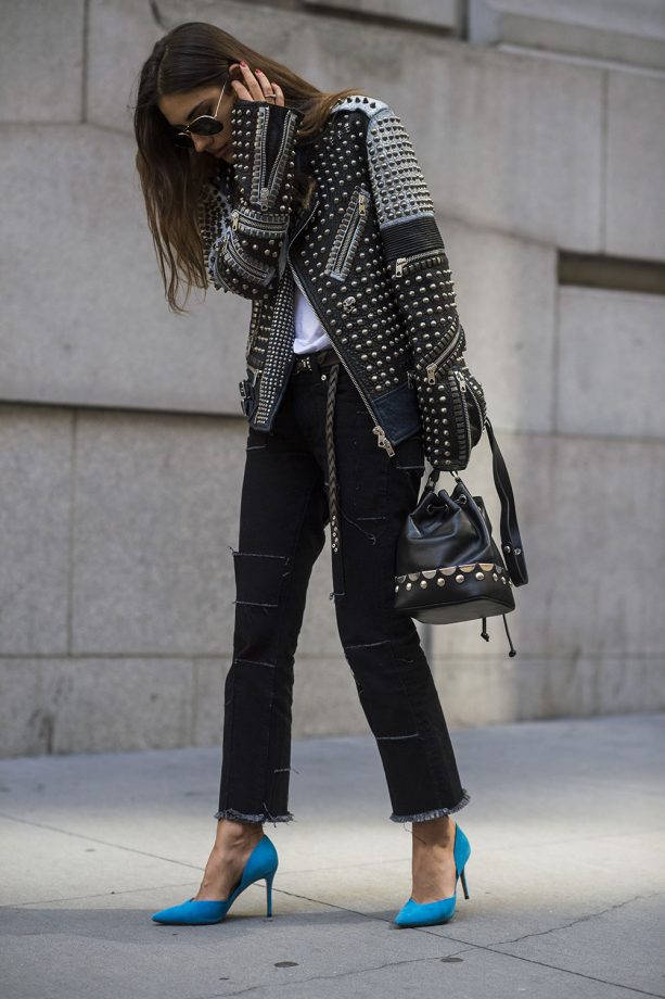 Patricia Manfield toughens up her ripped black jeans with plenty of studs, New York Fashion Week - 2015
