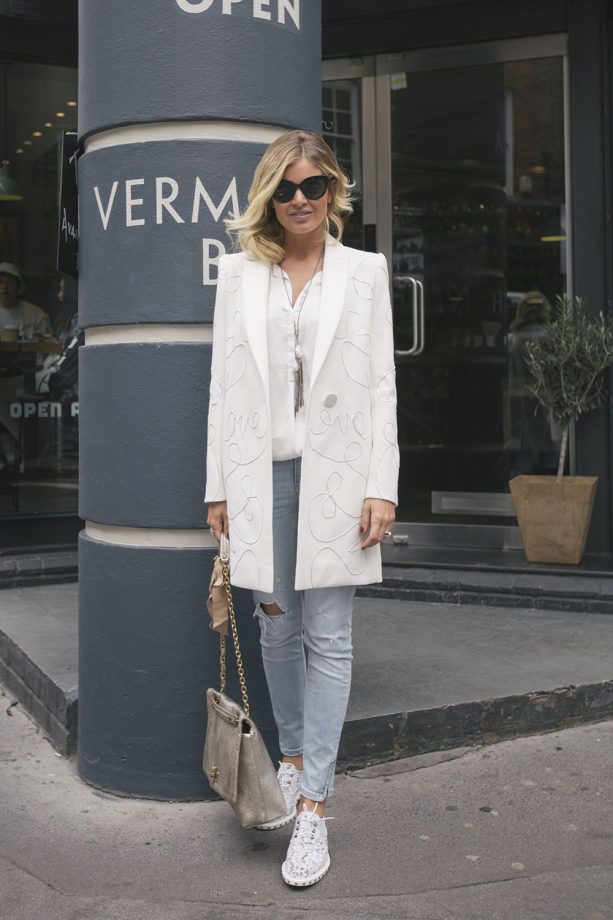 Wendy Hadada looks cool in grey denim, London Fashion Week - 2015
