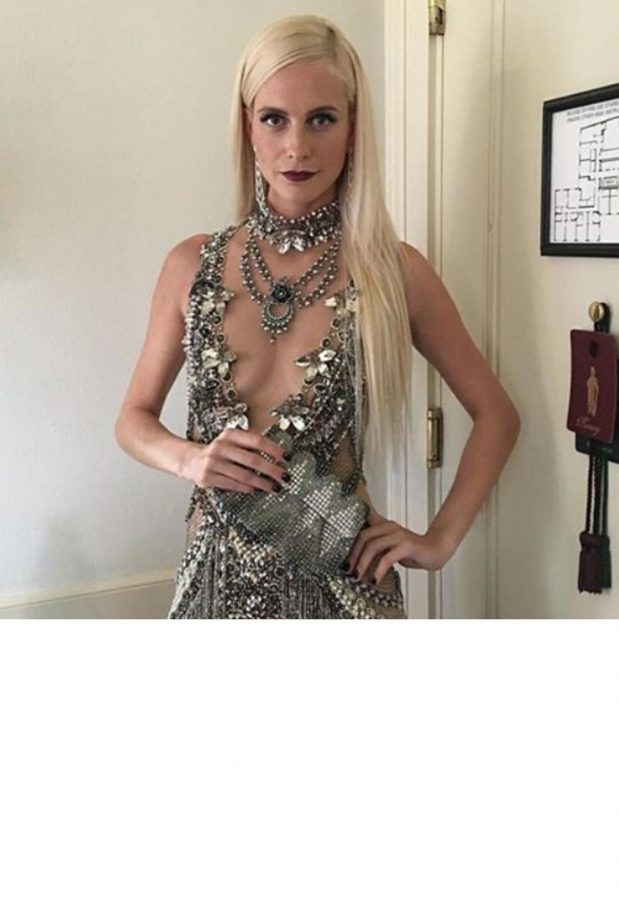 Poppy Delevingne Wore A Metallic Marchesa Dress And Dark Lip