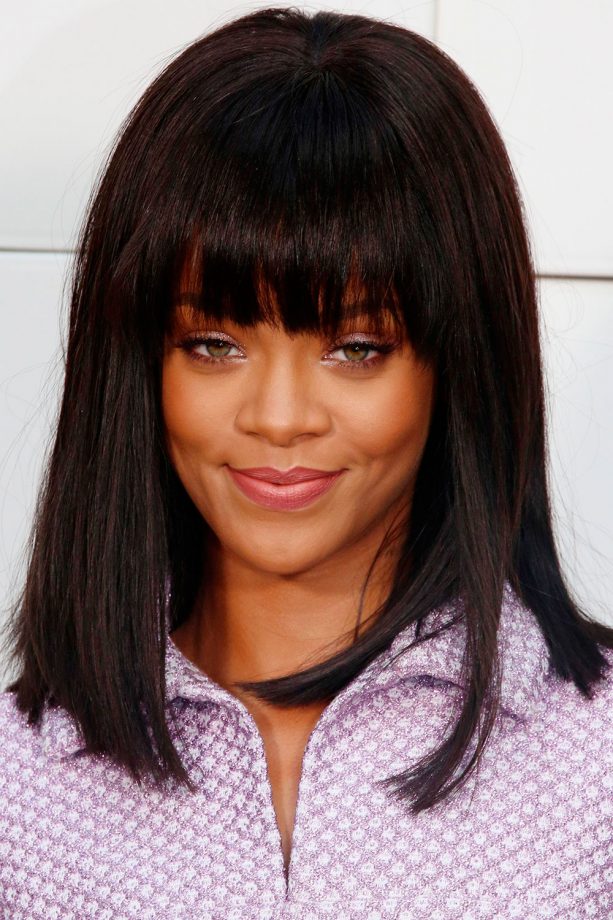 Rihanna Works A Cute Long Fringe And Bob With A Touch Of Pink Shimmer Eyeshadow, 2014