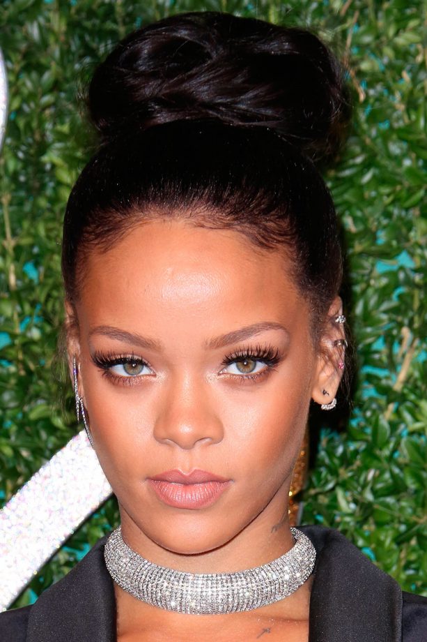 Rihanna Works A High Bun With Luscious Long Lashes, 2014