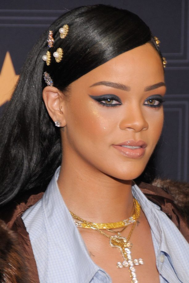 Rihanna Shows Off Her Long Dark Locks And Thick Charcoal Winged Eyeliner, 2016