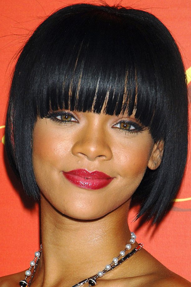 Rihanna Working A Black Fringed Bob And Glossy Red Lips, 2007