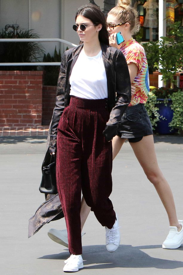 Kendall Jenner Wears Slouchy Red Striped Trousers On A Lunch Date With Gigi Hadid, 2016